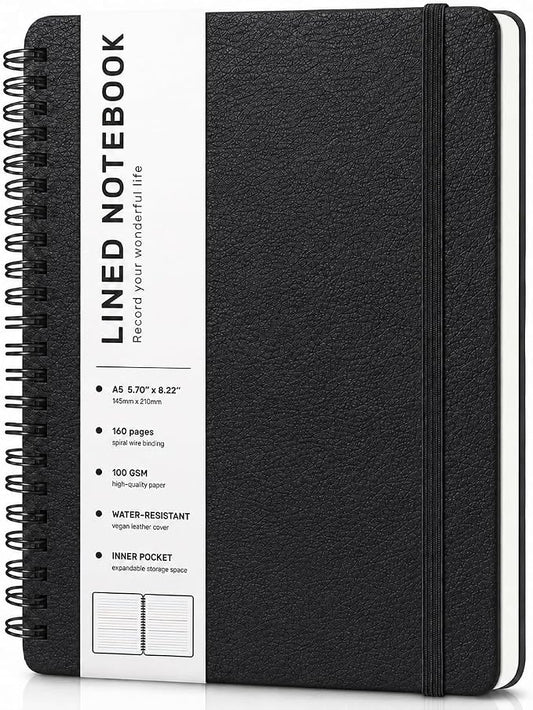 ABERLLS Lined Spiral Journal Notebook with 160 Pages, 8×5.7in, A5 Spiral Notebook, Journaling Notebooks for Work, School, Women, Men, College Ruled Spiral Notebook, Hardcover Leather Journals, Black