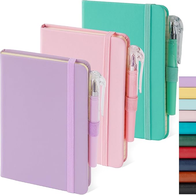 3 Pack Small Notebook Pocket Journals for Women, 3.7" x 5.7" A6 Mini Pocket Size Journal Notebook with Pen, Cute Notebook Pocket Diary for Writing Work, Hardcover Leather Cover, Pink, Purple, Green