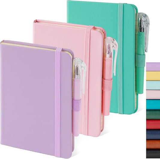 3 Pack Small Notebook Pocket Journals for Women, 3.7" x 5.7" A6 Mini Pocket Size Journal Notebook with Pen, Cute Notebook Pocket Diary for Writing Work, Hardcover Leather Cover, Pink, Purple, Green