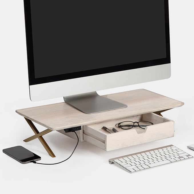 Anji Mountain Monitor Stand - Desktop Organizer & Laptop Riser, Ergonomic Monitor Riser, Space-Saving Monitor Stand for Desk, Durable Construction, Easy Assembly, Ideal for Home & Office,White Wash