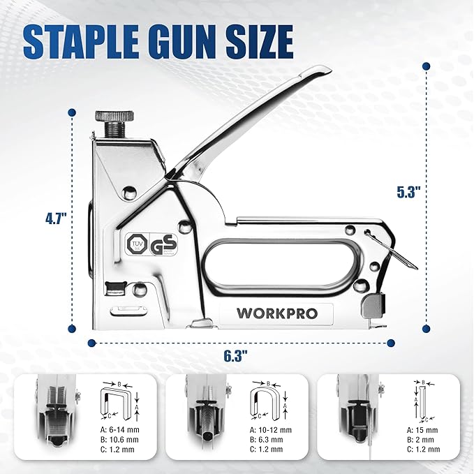 WORKPRO Upholstery Staple Gun, 3-in-1 Heavy Duty Staple Gun with Power Adjustment, 3000 pcs Staples and Stapler Remover, Manual Brad Nailer for Wood, Upholstery, Carpentry, Decoration DIY, Furniture | 3-in-1 Upholstery Staple Gun with Power Adjustment,...