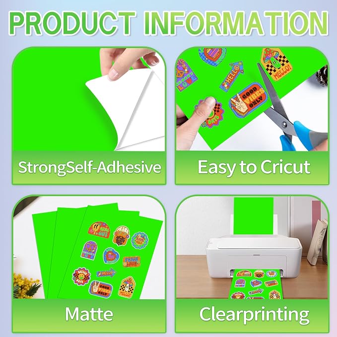 Neon Green Printable Sticker Paper, 25 Sheets Fluorescent Green Matte Printable Sticker Paper, Laser/Inkjet Printing- Letter Size (8.5" x 11")