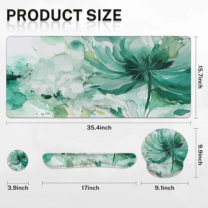 Britimes Colorful Floral Keyboard Mouse Pad Set Flower Green Summer 4in1 Large Mousepad+Keyboard Wrist Rest+Mouse Wrist Rest+Coaster Ergonomic Design for Home Office Computer 35.4x15.7 inches