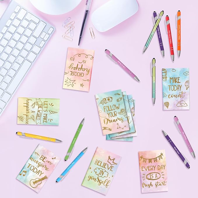 Funrous 32 Pcs Motivational Quote Pens Inspirational Notepads Mini Journal with Ballpoint Pen Small Notebooks Gift for Men Women Coworker Adult Party Favors Prize Teacher Student Office(Watercolor)