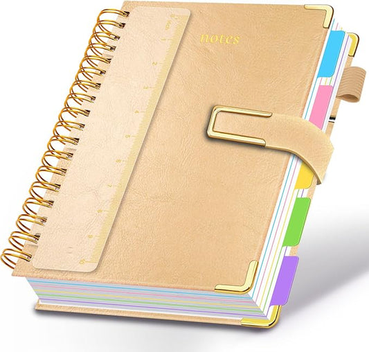 Hardcover Spiral Notebook College Ruled, 8.5"x11" Leather Journal Notebook with Magnetic Closure, 300 Pages 5 Subject Notebook with Dividers Tabs Journal for Women Men, Work, School(Golden)