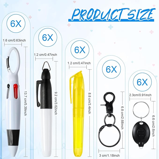 Chinco 30 Pcs Retractable Shuttle Pen Clip with Mini Highlighter Nurse Badge Pen Neon Marker LED Keychain Ring Clip