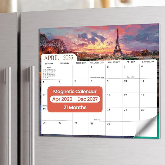 Aesthetic 2026-2027 Magnetic Calendar for Refrigerator, 21-Month Fridge Calendar Magnet from April 2026 to December 2027, Easy Organizing, Global Attractions