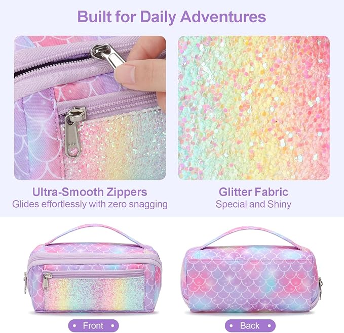 Large Pencil Case for Girls, Aesthetic Pencil Pouch for School, Wide Opening Organizer Box with Handle, Fits 50 Pens & Markers (Glitter Purple Mermaid) | Kids Pencil Case & Wide Handle, Water Resistent Organizer Box,Fits 50 Pens & Markers, Daily Use, G...