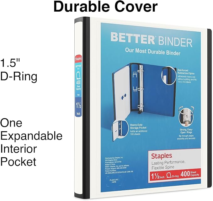 Staples Heavy-Duty 1.5-Inch D-Ring Binder – Large Capacity 3-Ring Binder with Pockets & Spine Label for School & Office