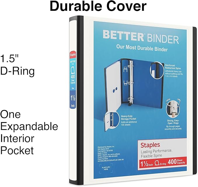 Staples Better Binder, 1.5" Heavy‑Duty D‑Ring 3‑Ring Binder, White, Reinforced Spine, Holds 400 Sheets, Long‑Lasting School & Office Organizer, 3‑Pack