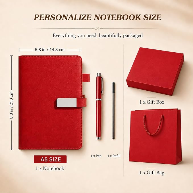 CRME Personalized Leather Journal with Pen and Gift Box, Personalized A5 Hardcover Notebook with Custom Name,Lined Leather Journal for Writing Business Travel,Red