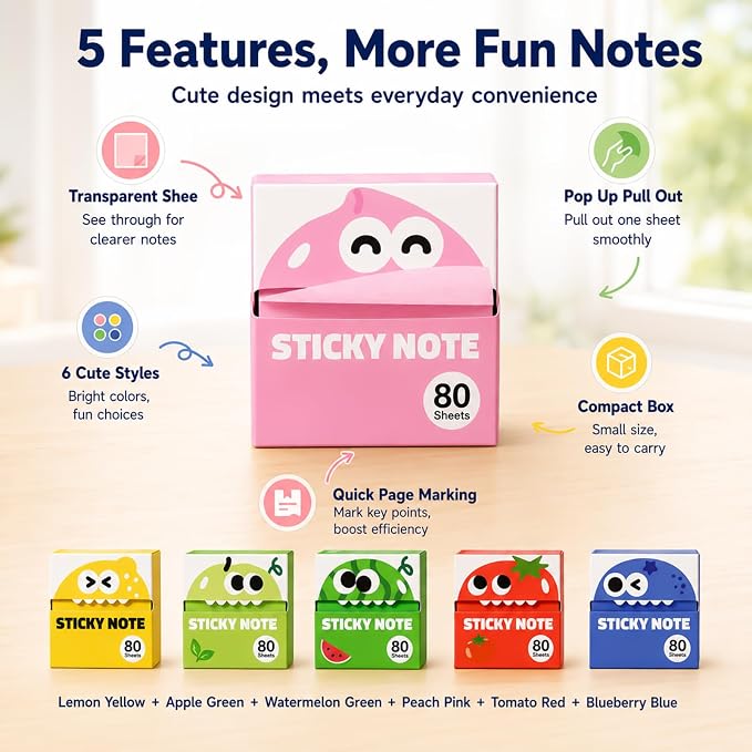 6 Boxes of Transparent Pull Out Sticky Notes (480 Sheets Total), Cute Fruit Monster Pop Up Sticky Notes, Office Stationery Work Accessories with Strong Adhesion Suitable for Office Work