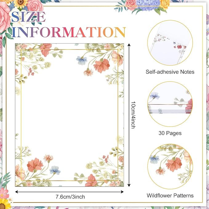 Chiisong 12 Pads Wildflower Sticky Notes Flower Sticky Notes 3 x 4 Inches Colored Adhesive Memo Reminder Decor Vintage Wild Floral Memo Pads Flower Notepads for Journal Office Birthday Gifts