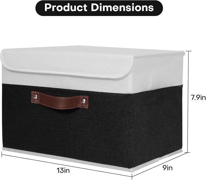 ANMINY 2PCS Storage Boxes with Lids Washable Decorative Storage Bins Basket with PU Leather Handle Foldable Linen Fabric Storage Cubes Containers for Home Closet Organizer - Black White, Medium