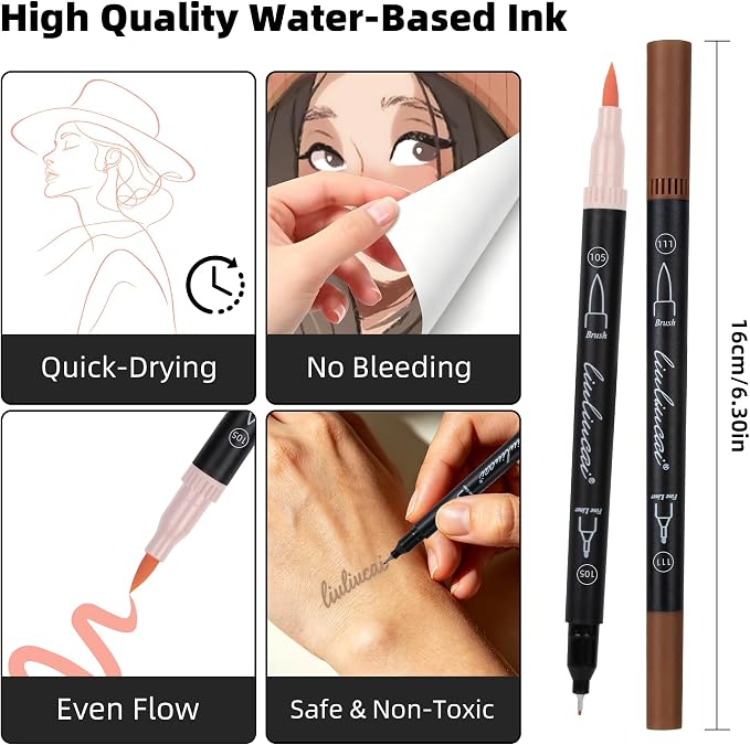 LIULIUCAI 10 Skin Tone Dual Tip Marker Pens, Fine Tip & Brush Tip Marker for Adult Coloring Book No Bleeding, Natural Skin Tone Markers for Realistic Portraits, Character Design, Sketching, Outlining