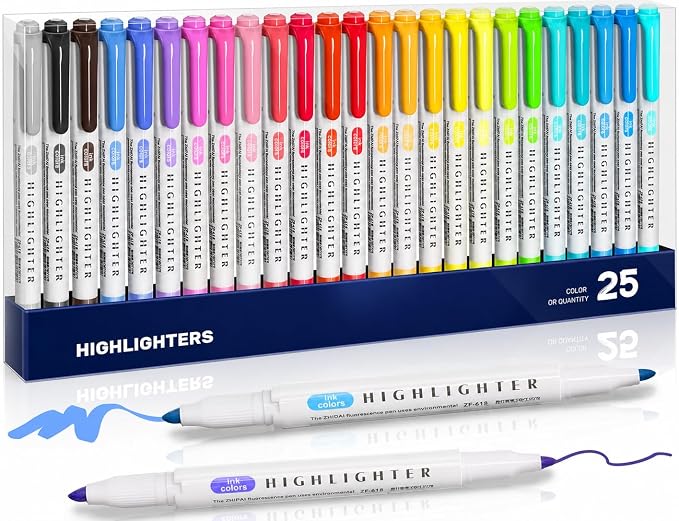 YOOUSOO 25 Pack Pastel Highlighters Assorted Colors No Bleed | Dual Tip Chisel and Fine Tip Bible Highlighter, Fluorescent Highlighter Pens for Classroom School Student Office Journals