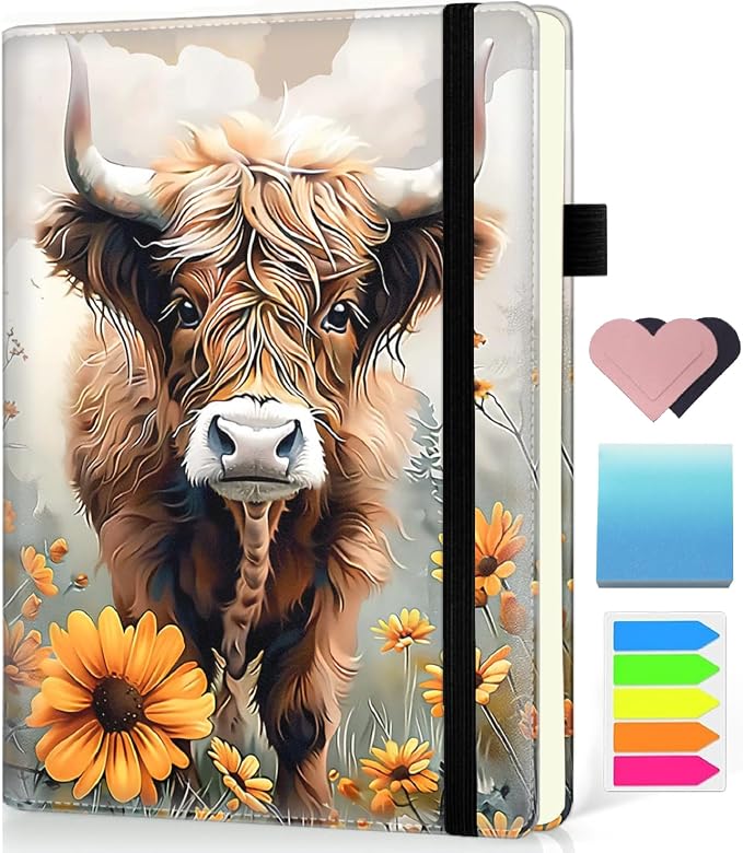 Hardcover Executive Notebooks, A5 PU Leather Lined Journal Notebook, 200 Pages Thick Paper Subject Notebooks for School,Work,Home Writing Business Notebook, Diary Book ，Cute Baby Highland Cattle