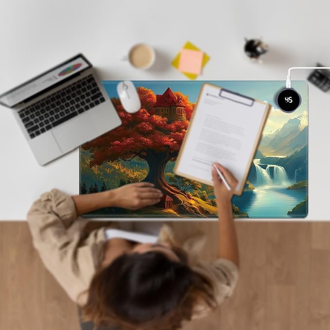 Heated Desk Pad Large Mouse Pad 23.6 x 14.1 inch with 3 Levels Heating & Auto Shut-Off Warm Mouse pad PU Leather Computer Mousepad for Home Office Work - Maple Leaf