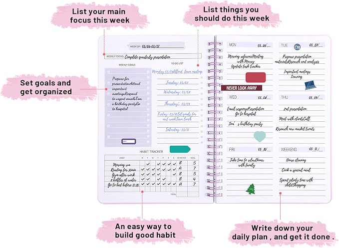 Thboxes Undated Weekly Planner with Habit Tracker, 52 Weeks To Do List Notebook A5 Weekly Goal Planner with Spiral Binding & Stickers Home Work School Supplies for Women Girls 8.2" x 5.7" - Purple