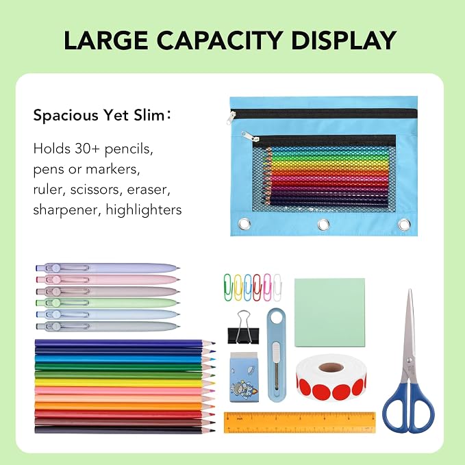 Pencil Pouch for 3 Ring Binder, Heavy Duty Canvas Dual Zipper Pen Bag with Clear Window, Smooth Metal Zipper, Fit Standard 3-Ring Binders for School Office Travel Supplies (Sky Blue)