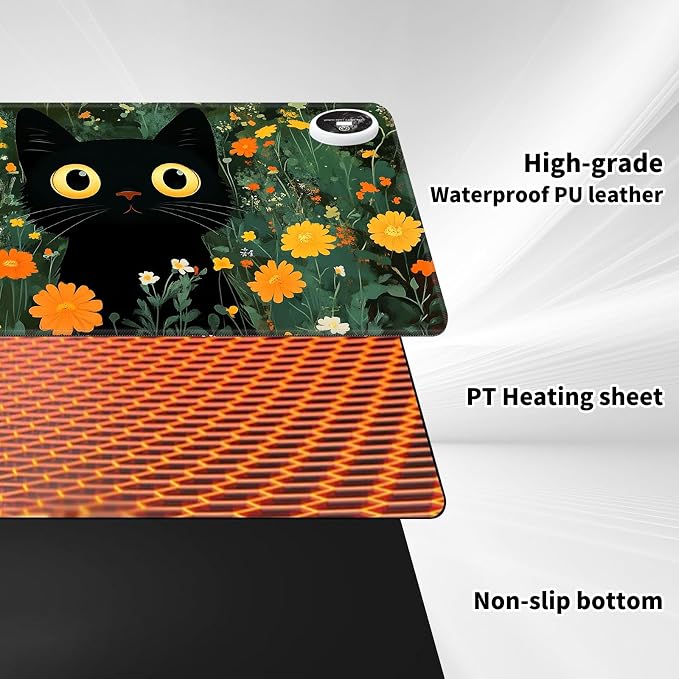 Warm Desk Pad,Heated Desk Pad,Office Mat,3 Heating Levels & 3 Hours Auto Shut-Off,31.5"*13" Gaming Mouse Laptop Keyboard Leather Desk Mat,Cute Cat Floral