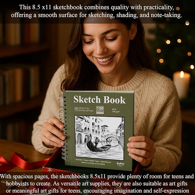 Sketch Book 8.5"x11", Spiral Sketchbook Pack of 2, SuFly 200 Sheets (68 lb/100gsm) Acid Free Sketch Pads for Drawing for Adults Spiral Bound with Hard Cover for Kids & Adults, 100 Sheets Each