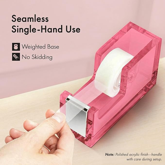 OfficeGoods Acrylic Tape Dispenser – Modern Desk Organizer for Office Supplies, Heavy Duty Refillable Tape Holder for Home and School Crafting, Stylish Desktop Accessory for Gift Wrapping, Pink