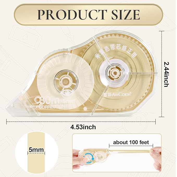100 Feet Long Cream Correction Tape, Smooth Glide, No Residue, Quick Dry Beige Correction Tape, Perfect for School, Office Supplies, Crafting, Note Taking, Journaling (2 Pack)