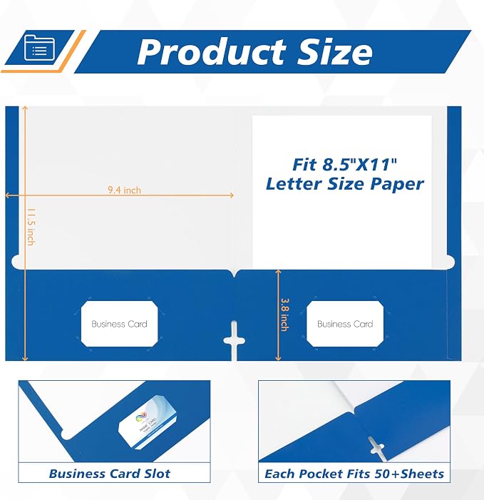50 Packs Two Pocket Folders,Two Pocket File Folders with Business Card Slot,Blue,Letter Size,Paper Folders with Pockets for School Office Home Business