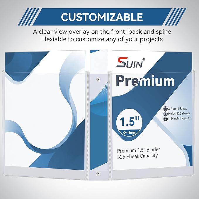 SUIN 1.5-Inch 3-Ring Binders with 2 Interior Pockets, Premium Clear View Presentation Binder Holds 325 Sheets Letter Size, Office School Home,6 Pack