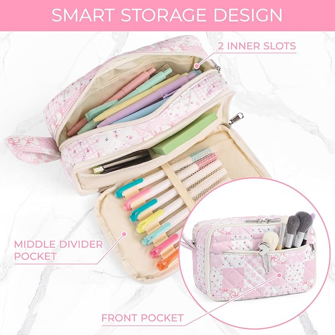 WOBAGMEN Quilted Pencil Pouch for Girls Women, Large Pencil Case Pouch with Compartments Cute Aesthetic Pencil Case Organizer, Floral Pencil Bag for School Supplies (Pink Checked Patchwork)