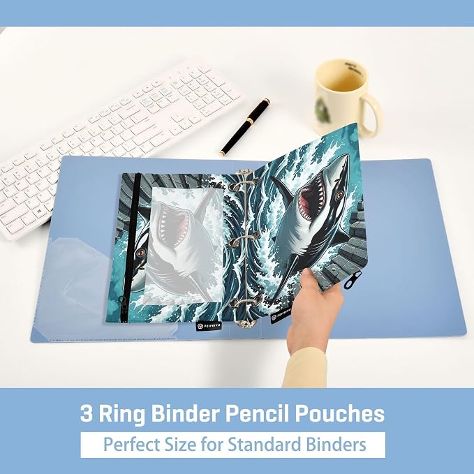 Gredecor 3 Ring Binder Pencil Pouch, Comic White Shark Zippered Pen Case Pouches with Clear Window, 2 Pack Stylish Office & School Supplie