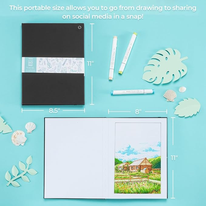 Ohuhu Double-Sided Marker Pad Art Sketchbook Bleedproof - 8.5"x11" Large Paper Size - 90 LB/150 GSM Smooth Drawing Paper - 60 Sheets/120 Pages - Hardcover Sketching Book for Alcohol Markers Paints