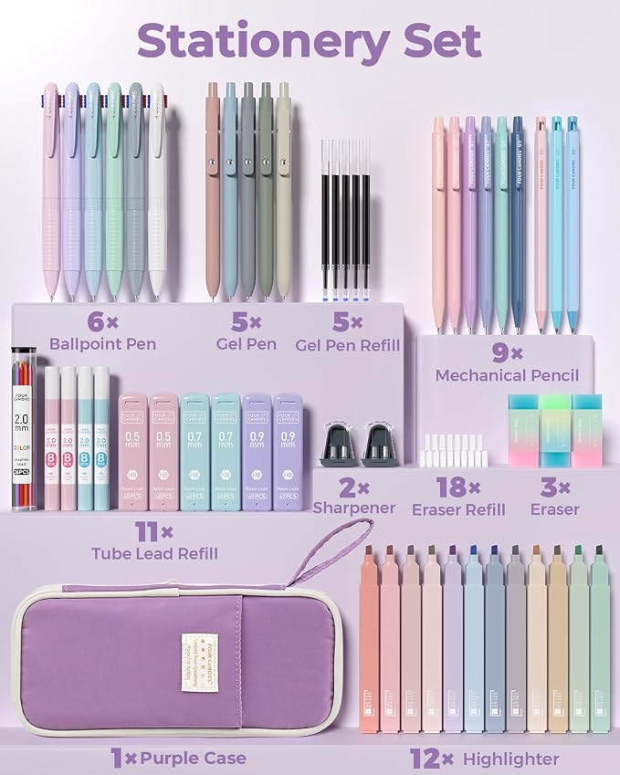 Four Candies 56 PCS School Supplies with Pencil Case, 6 Multicolor Pens, 12 Pastel Highlighters, 5 Gel Pens, 9 Mechanical Pencils for Student Back to School Stationery Set College Essentials (Purple)
