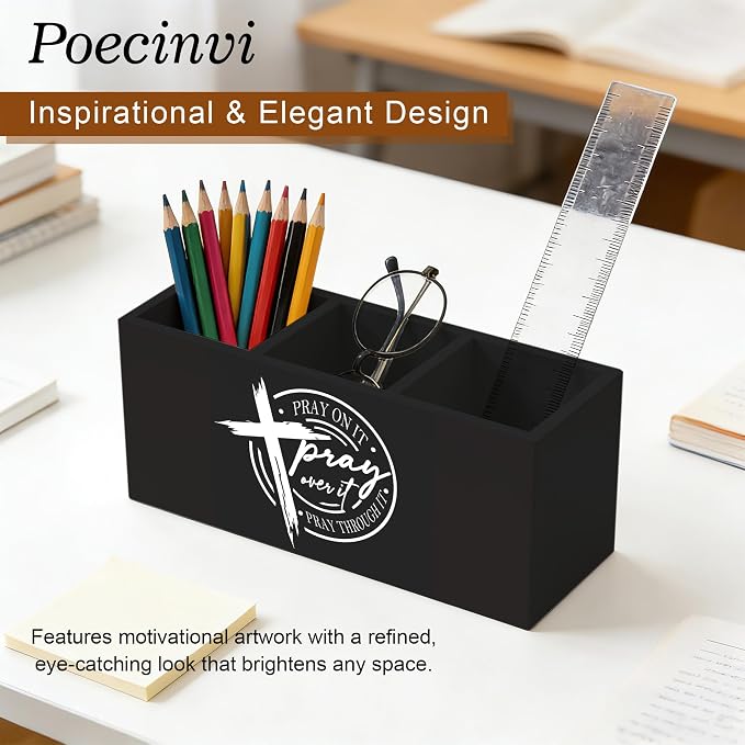Pray on It Pray over It Christian Pen Holder for Home Office Desk, Black Cross Inspirational Bible Verse Wooden Box Sign Pencil Holder for Desk Shelf Organizer