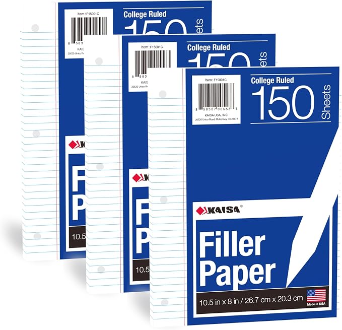 Kaisa Loose Leaf Paper Filler Paper 8x10.5 inches, College Ruled, 3-Hole Punched for 3-Ring Binder, 150 Sheets/Pack (3 Pack) F15001C