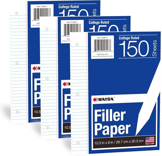 Kaisa Loose Leaf Paper Filler Paper 8x10.5 inches, College Ruled, 3-Hole Punched for 3-Ring Binder, 150 Sheets/Pack (3 Pack) F15001C