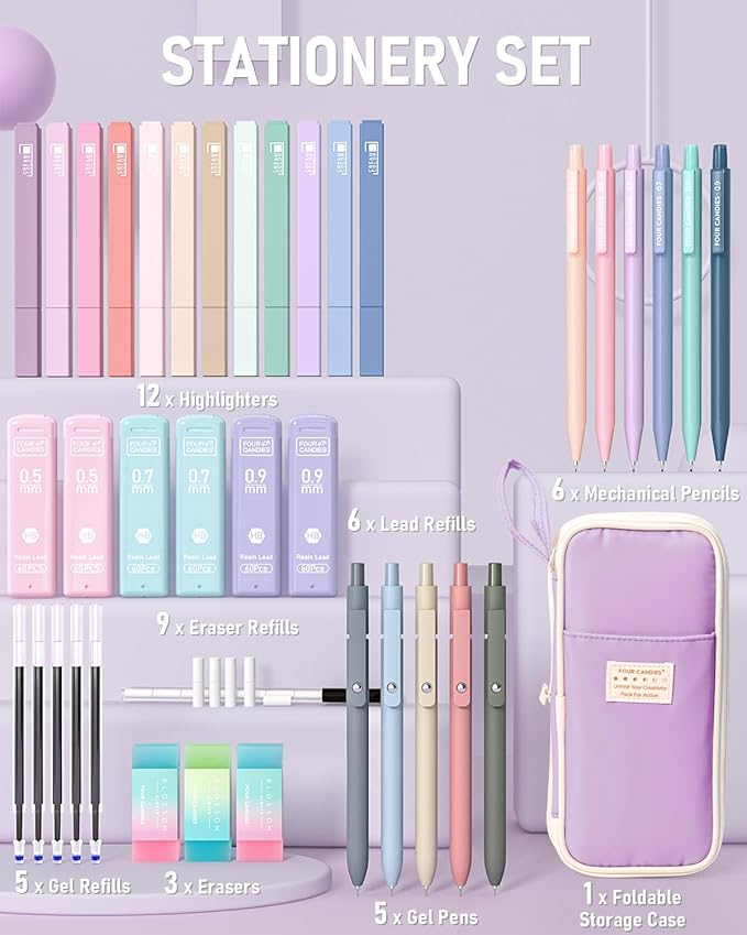 Four Candies School Supplies with Cute Pen Case, 39ct, Purple | Back to School Stationery Set, Essentials for College & Nursing Students, 5 Gel Pens, 6 Mechanical Pencils, 12 Highlighters