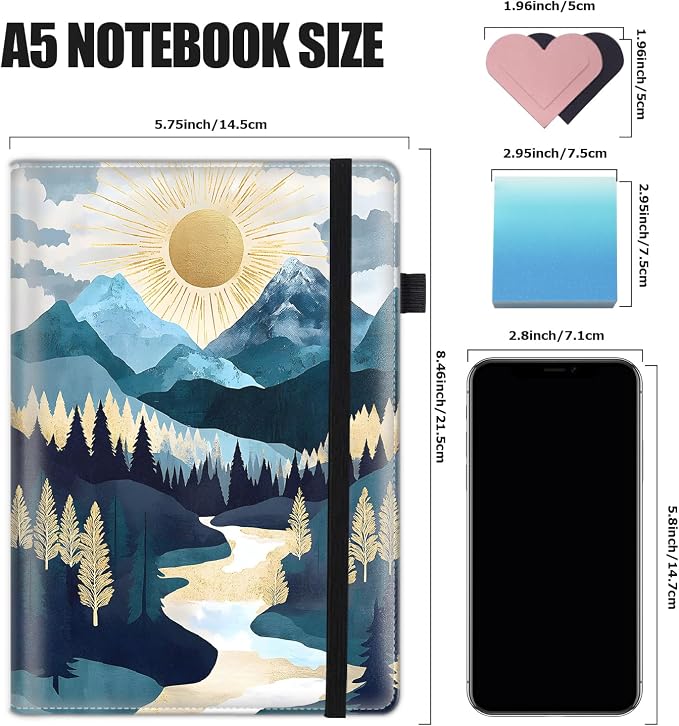 Hardcover Executive Notebooks, A5 PU Leather Lined Journal Notebook, 200 Pages Thick Paper Subject Notebooks for School,Work,Home Writing Business Notebook, Diary Book ，Valley Sunrise Mountains