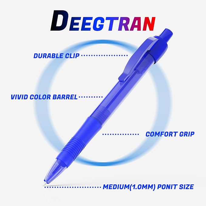 deegtran Pens Bulk, 30 Pack No Bleed Blue Ink Click Pens with Soft Grip, Wholesale Retractable Ballpoint Pens for Office School, Medium Point Smooth 1.0MM