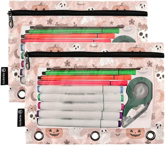 Emelivor Halloween Pumpkin Head Pencil Pouch for 3 Ring Binder 2 Pack Binder Pencil Case with Clear Window Pencils Bags with Zipper for Office Daily College Home Supplies