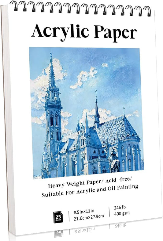 Acrylic Paper Pad 8.5 x 11 in, 25 Sheets, 400Gsm, Top Spiral Bound | Heavy 246Lb Paper, Mixed Media For Acrylic, Oil, Marker & Ink, Perforated Tear-Out Pages, Lays Flat For Class Or Studio
