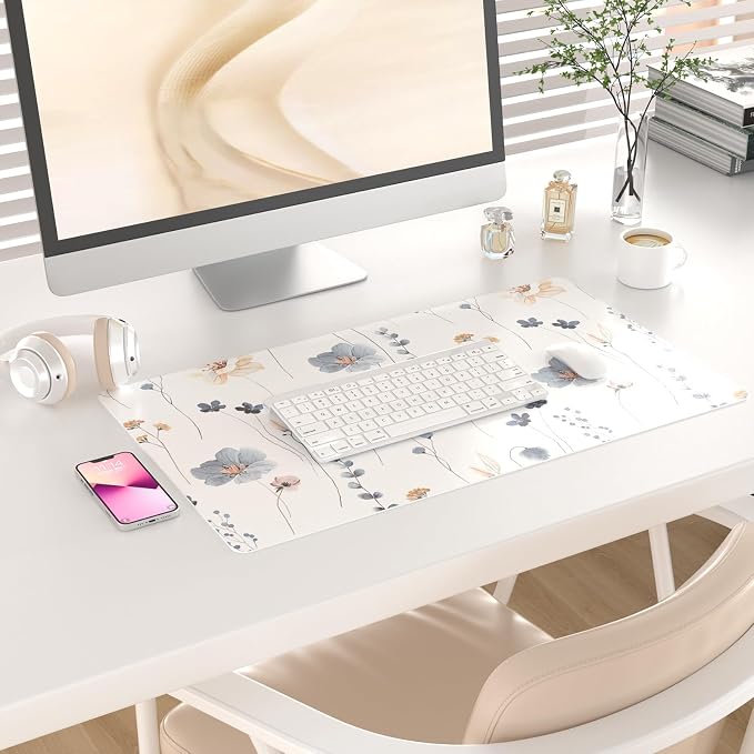 QIYI Large Mouse Pad, Floral Desk Mat for Desktop, Women Girls PU Leather Waterproof Gaming Mousepad, Computer Laptop Flower Desk Accessories Protector Writing Pad for School Office Home 23.6" x 13.8"