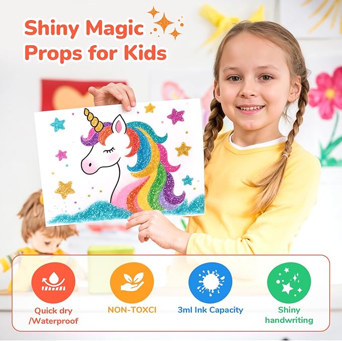 JoyCat 12-Color Glitter Markers for Kids, 3mm Paint Pens, High-Capacity Ink | Sparkle markers and glitter pens with 3ml ink and 3mm tips create shimmering art on paper, rocks, wood and glass for kids.