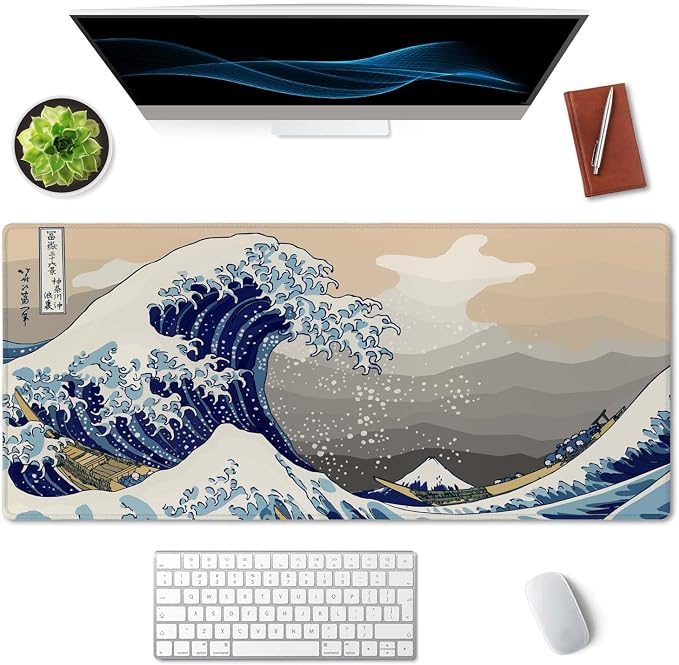 SSOIU Extended Gaming Mouse Pad (35.5x15.7 in), Large Stable Rubber Base Mousepad with Stitched Edges, Keyboard Mouse Mat Desk Pad for Work, Game, Office, Home - Great Wave Off Kanegawa