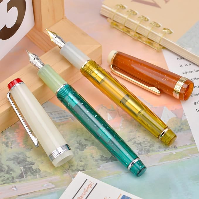2PCS Jinhao 82 Fountain Pen Extra Fine Nib & Fine Nib with Converter, Mixed Transparent Green Yellow Writing Pen Set