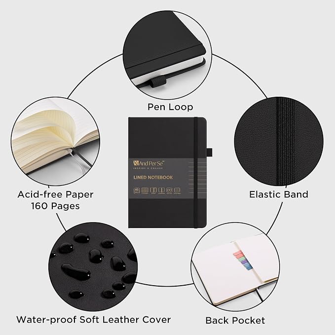 &And Per Se Lined Notebooks Bulk 5-Pack, A5 Hardcover Journal, 160 Pages 100gsm Thick Paper, Classroom Supplies for Students, Teachers, College Ruled Notebooks for School Office (Black)