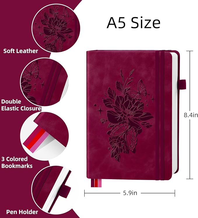 Lined Journal Notebook 365 Pages, A5 Leather Journals for Writing Women & Men, Hardcover Notebook with 100GSM Thick Paper, Daily Journal Notebook for Travel, Work, School, Note Taking, College Ruled