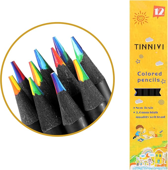 Art Supplies for Kids and Adults, 7 Color in 1 Black Wooden Rainbow Colored Pencils Pre-sharpened, with Sharpener, for Coloring Books, Easter Basket Stuffers, Drawing, Sketching (12pcs)