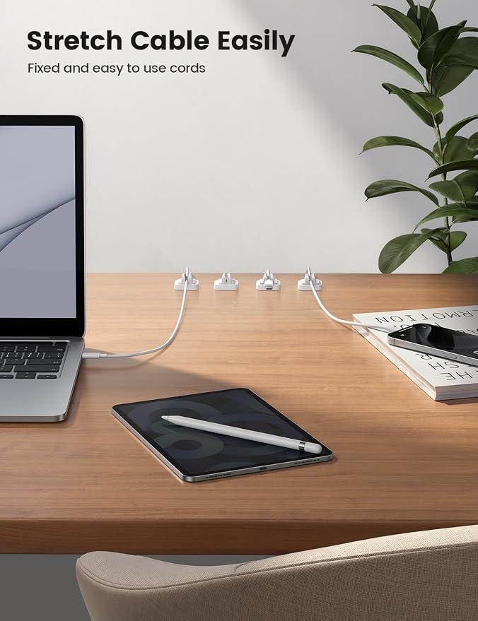 Lamicall 5Pack Cable Spring Fixed Organizer Clips, Cord Organizer for Desk - Adjustable Cord Wire Holder Keeper, Phone Charger Cord Organizer Clips, Wire Cable Management for Nightstand, White